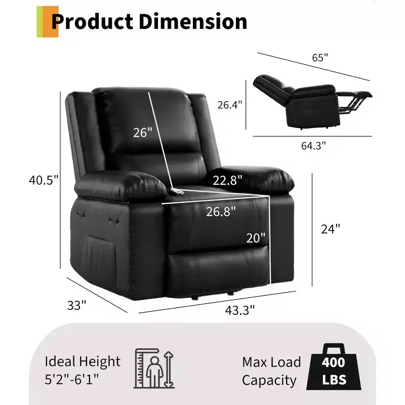 Fauteuil inclinable électrique surdimensionné avec fonction de levage - Chauffage et massage, fauteuil inclinable électrique en cuir PU pour personnes âgées et à mobilité réduite, fauteuil releveur robuste