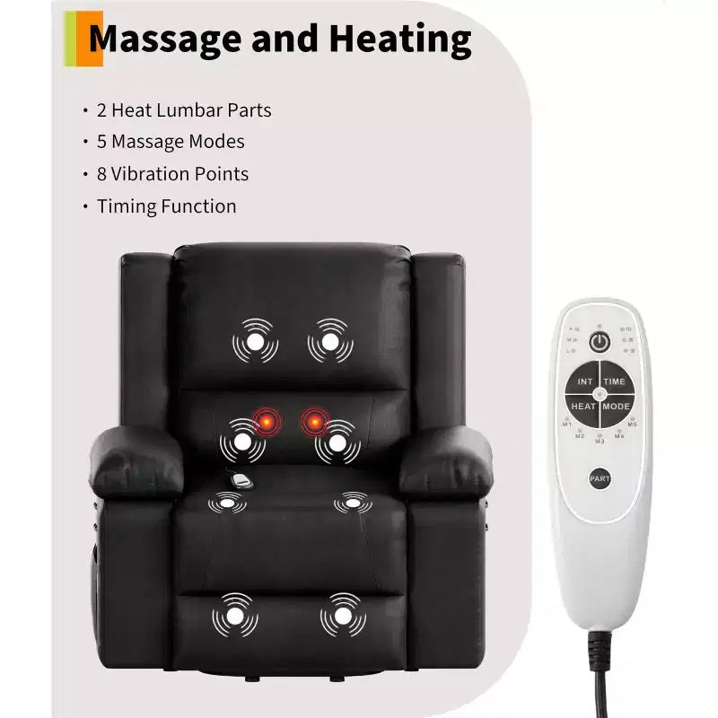 Fauteuil inclinable électrique surdimensionné avec fonction de levage - Chauffage et massage, fauteuil inclinable électrique en cuir PU pour personnes âgées et à mobilité réduite, fauteuil releveur robuste
