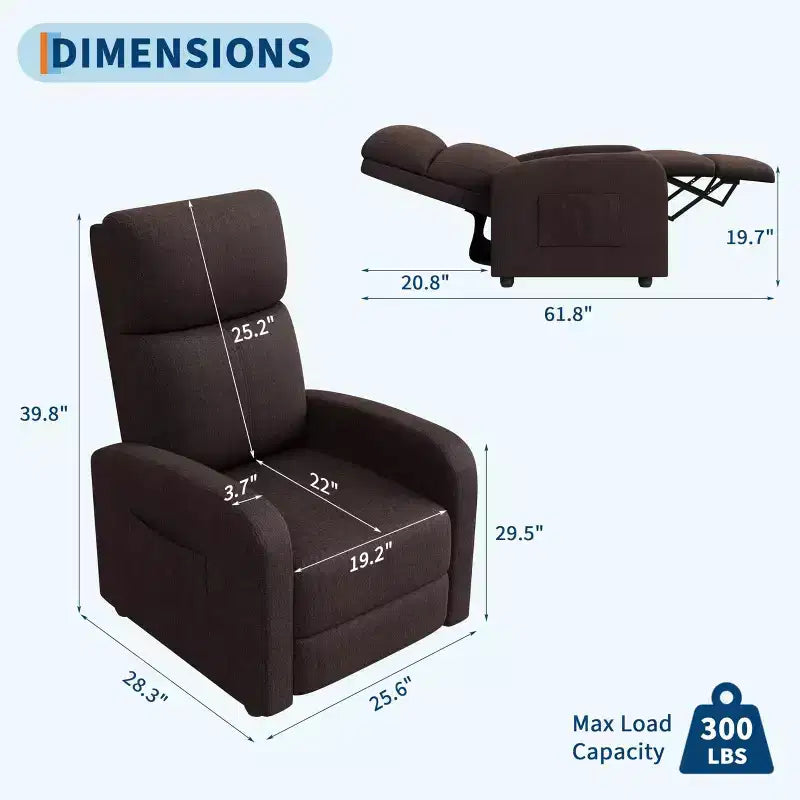 Fauteuil relax pour adultes, fauteuil inclinable paresseux ergonomique réglable, canapé simple amélioré avec poche latérale, dossier haut, accoudoirs larges et assise rembourrée