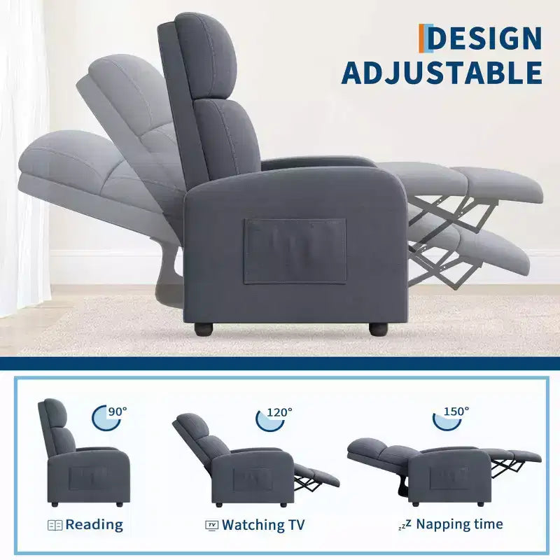 Fauteuil relax pour adultes, fauteuil inclinable paresseux ergonomique réglable, canapé simple amélioré avec poche latérale, dossier haut, accoudoirs larges et assise rembourrée