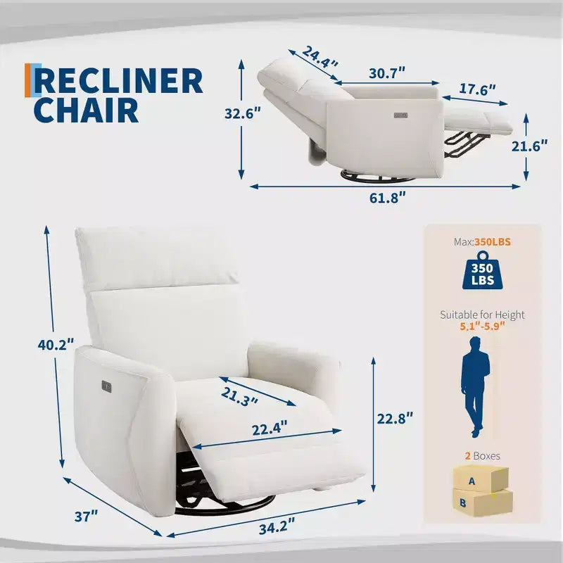 Fauteuil inclinable électrique, fauteuil pivotant et berçant pour adultes, fauteuil de relaxation en tissu rembourré avec ports USB pour chambre d de bébé