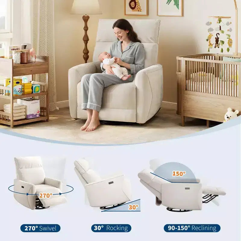 Fauteuil inclinable électrique, fauteuil pivotant et berçant pour adultes, fauteuil de relaxation en tissu rembourré avec ports USB pour chambre d de bébé