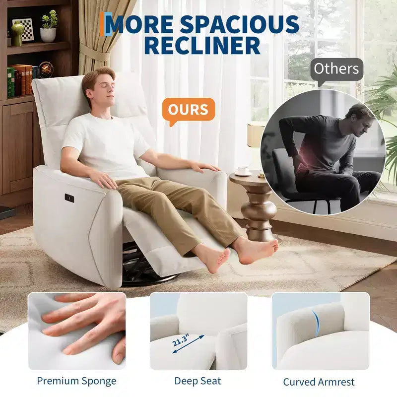 Fauteuil inclinable électrique, fauteuil pivotant et berçant pour adultes, fauteuil de relaxation en tissu rembourré avec ports USB pour chambre d de bébé