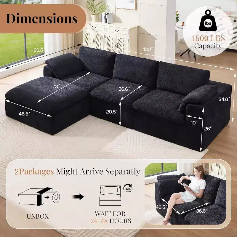 AMERLIFE Cloud Couch Sectionnel Canapé Modulable Surdimensionné avec méridienne profonde de 83,5 po, sans assemblage requis pour Salon, Chenille