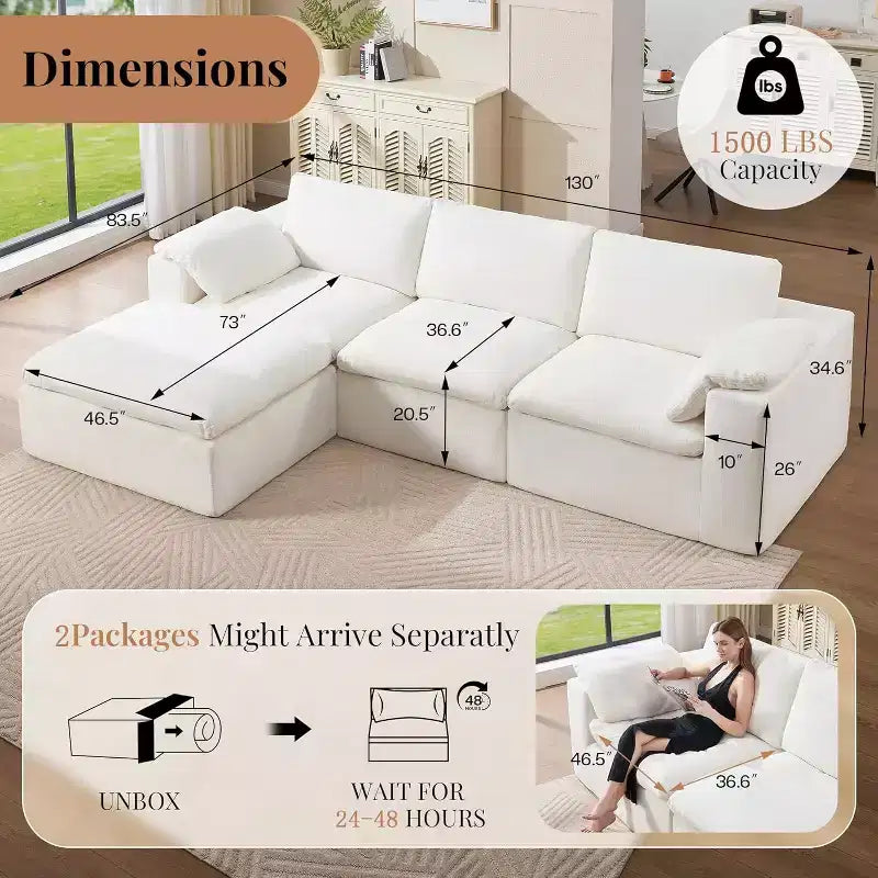AMERLIFE Cloud Couch Sectionnel Canapé Modulable Surdimensionné avec méridienne profonde de 83,5 po, sans assemblage requis pour Salon, Chenille