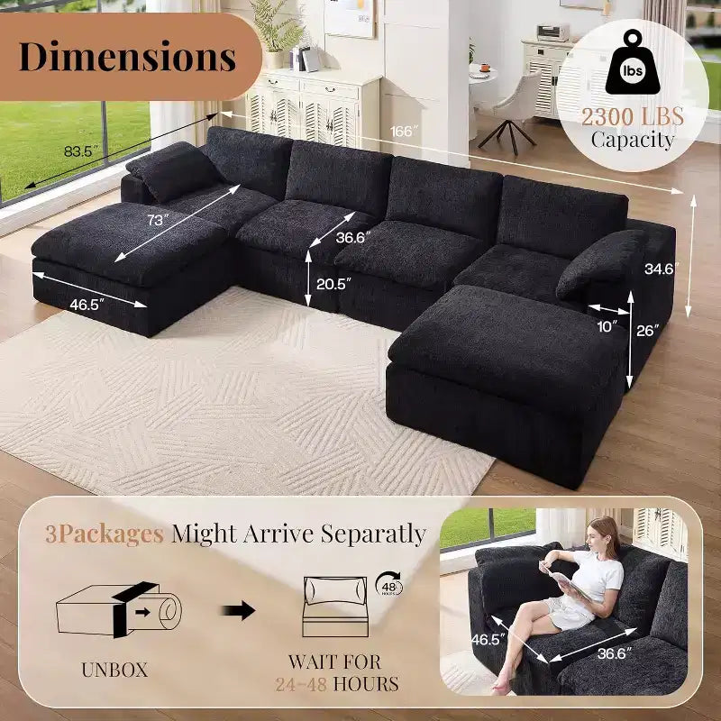 AMERLIFE Cloud Couch Sectionnel Canapé Modulable Surdimensionné avec méridienne profonde de 83,5 po, sans assemblage requis pour Salon, Chenille
