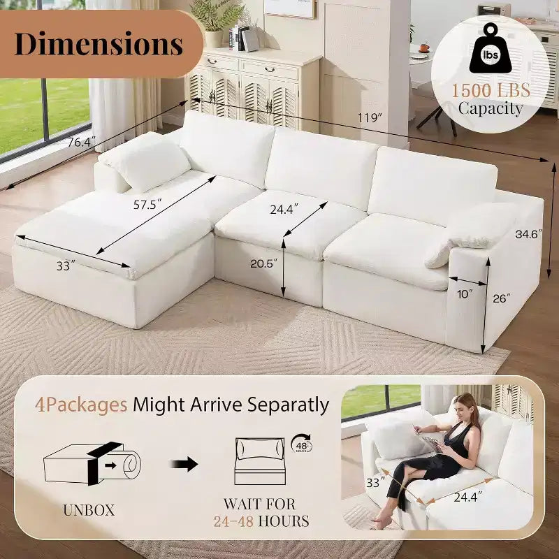 AMERLIFE Cloud Couch Sectionnel Canapé Modulable Surdimensionné avec méridienne profonde de 83,5 po, sans assemblage requis pour Salon, Chenille