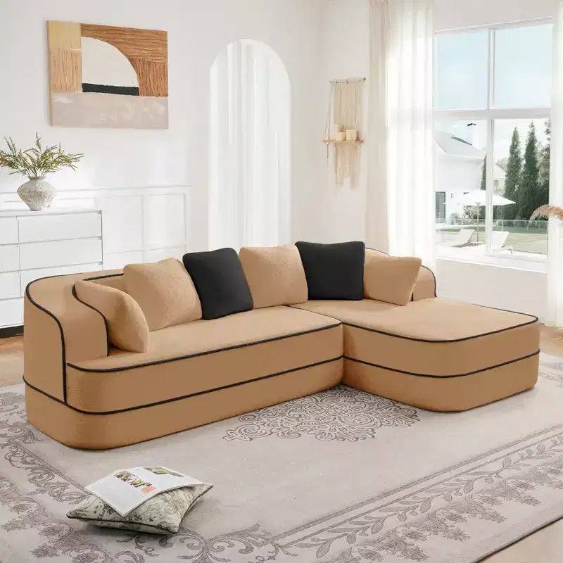 Canapé 106 sans accoudoirs en tissu Teddy 32D, design contrasté, canapé douillet et moelleux avec méridienne en L, pour salon
