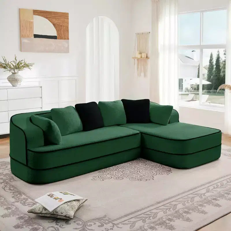 Canapé 106 sans accoudoirs en tissu Teddy 32D, design contrasté, canapé douillet et moelleux avec méridienne en L, pour salon