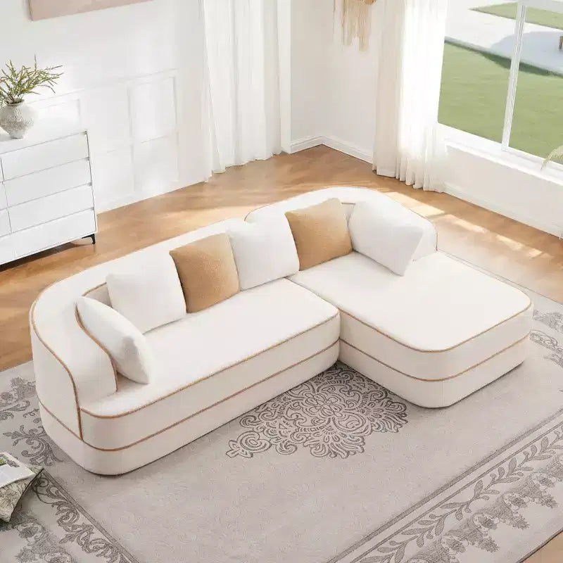 Canapé 106 sans accoudoirs en tissu Teddy 32D, design contrasté, canapé douillet et moelleux avec méridienne en L, pour salon