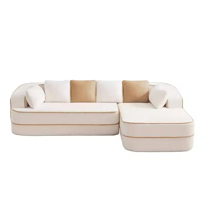 Canapé 106 sans accoudoirs en tissu Teddy 32D, design contrasté, canapé douillet et moelleux avec méridienne en L, pour salon