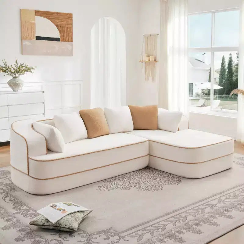 Canapé 106 sans accoudoirs en tissu Teddy 32D, design contrasté, canapé douillet et moelleux avec méridienne en L, pour salon