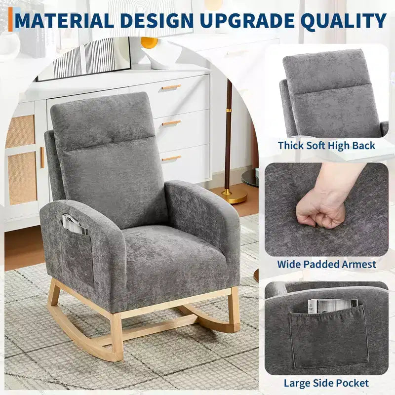 Fauteuil à bascule moderne pour chambre de bébé, fauteuil à bascule rembourré avec poches latérales, fauteuil à bascule, fauteuil inclinable confortable pour salon