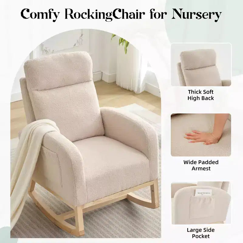 Fauteuil à bascule moderne pour chambre de bébé, fauteuil à bascule rembourré avec poches latérales, fauteuil à bascule, fauteuil inclinable confortable pour salon