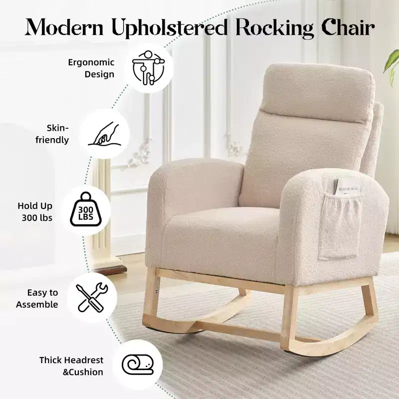 Fauteuil à bascule moderne pour chambre de bébé, fauteuil à bascule rembourré avec poches latérales, fauteuil à bascule, fauteuil inclinable confortable pour salon