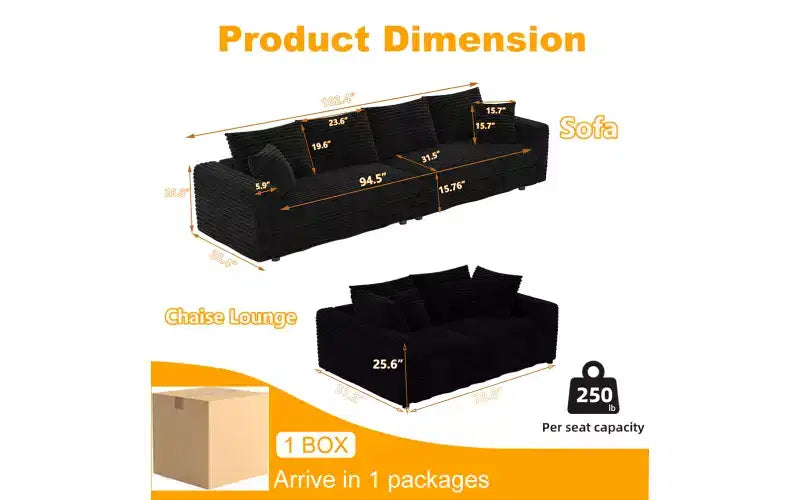 EHMKNP 102.4 Canapé 4 places en velours côtelé, avec oreillers moelleux, fauteuil de salon convertible à assise profonde pour salon, chambre, appartement, bureau