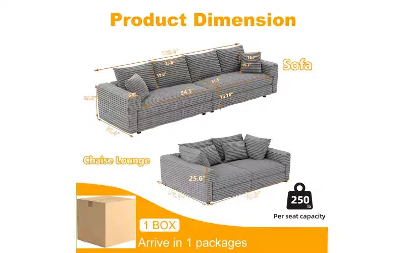EHMKNP 102.4 Canapé 4 places en velours côtelé, avec oreillers moelleux, fauteuil de salon convertible à assise profonde pour salon, chambre, appartement, bureau