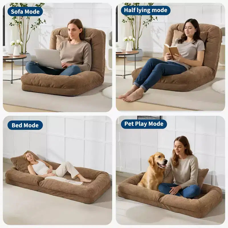 Canapé-lit paresseux réglable 5 positions GustoWave 64.9'', lit pour chien humain rembourré pour adultes et animaux de compagnie, chaise longue de sol pliable