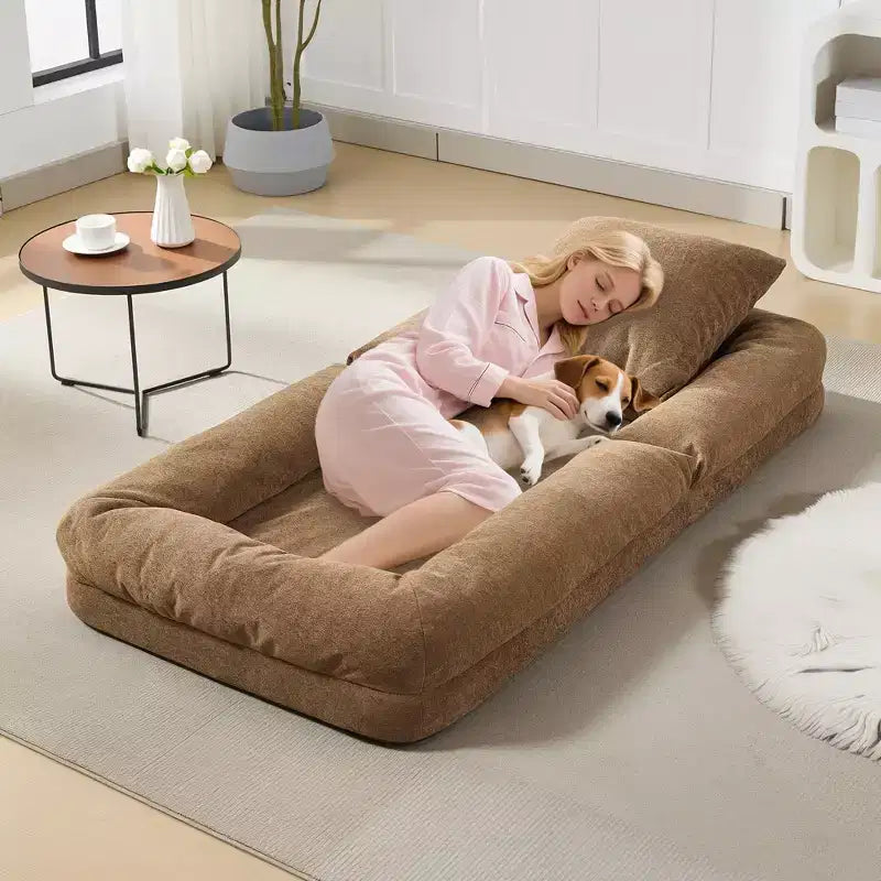 Canapé-lit paresseux réglable 5 positions GustoWave 64.9'', lit pour chien humain rembourré pour adultes et animaux de compagnie, chaise longue de sol pliable