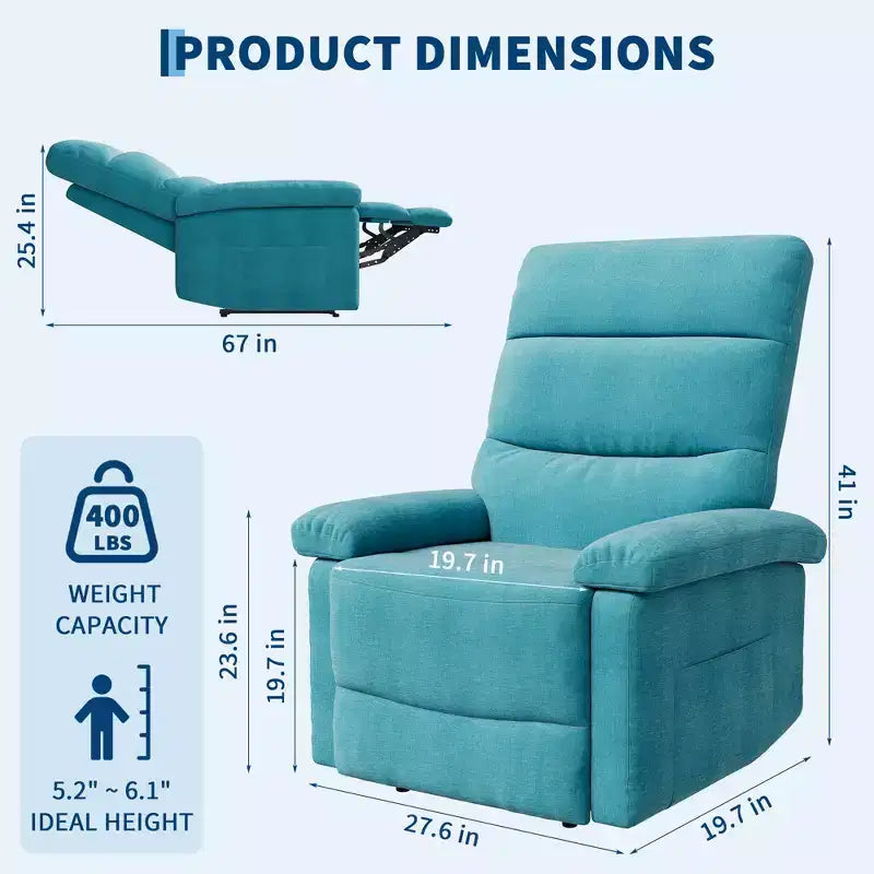 Fauteuil inclinable COZONY pour adultes, fauteuil inclinable manuel en tissu avec poche latérale, canapé simple ergonomique réglable pour petit salon, chambre de bébé, chambre à coucher
