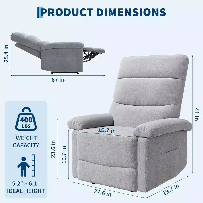 Fauteuil inclinable COZONY pour adultes, fauteuil inclinable manuel en tissu avec poche latérale, canapé simple ergonomique réglable pour petit salon, chambre de bébé, chambre à coucher