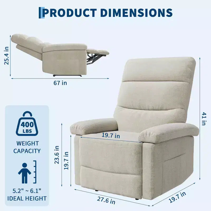 Fauteuil inclinable COZONY pour adultes, fauteuil inclinable manuel en tissu avec poche latérale, canapé simple ergonomique réglable pour petit salon, chambre de bébé, chambre à coucher
