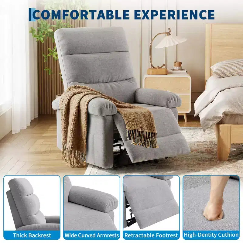 Fauteuil inclinable COZONY pour adultes, fauteuil inclinable manuel en tissu avec poche latérale, canapé simple ergonomique réglable pour petit salon, chambre de bébé, chambre à coucher