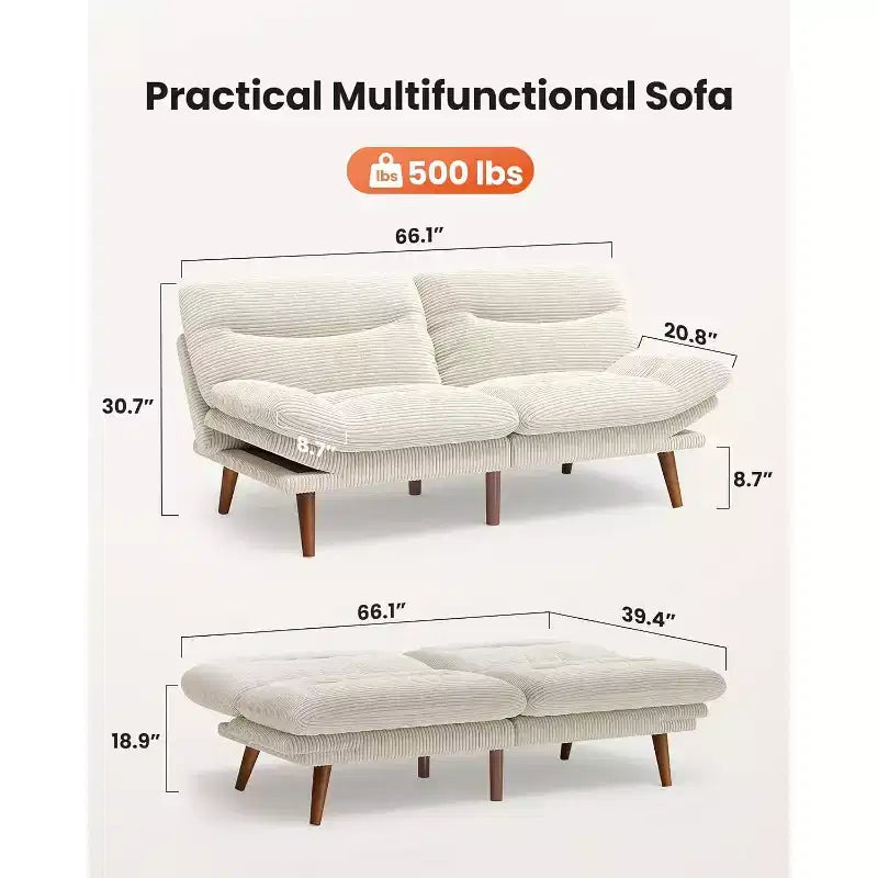 Canapé-lit en velours côtelé de 168 cm avec dossier et accoudoirs réglables, idéal pour les petits espaces, les salons ou les bureaux comme canapé futon convertible.