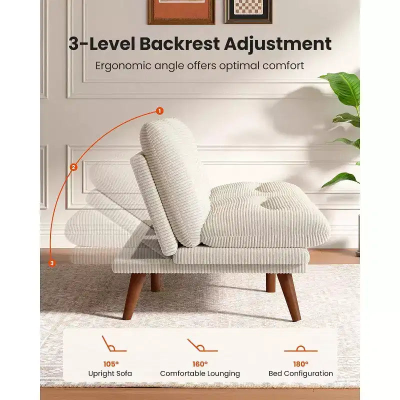 Canapé-lit en velours côtelé de 168 cm avec dossier et accoudoirs réglables, idéal pour les petits espaces, les salons ou les bureaux comme canapé futon convertible.