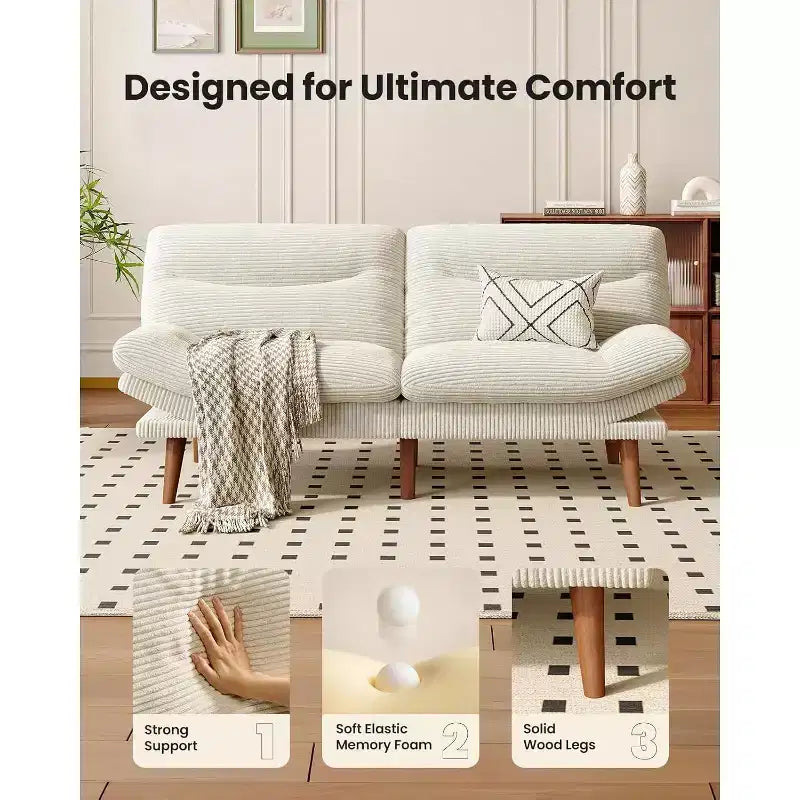 Canapé-lit en velours côtelé de 168 cm avec dossier et accoudoirs réglables, idéal pour les petits espaces, les salons ou les bureaux comme canapé futon convertible.