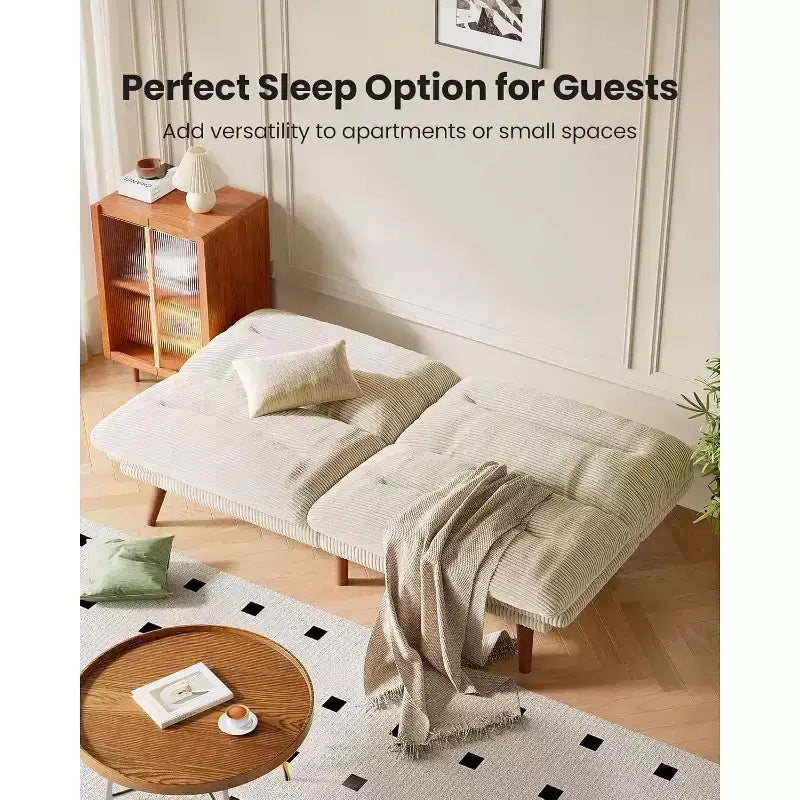 Canapé-lit en velours côtelé de 168 cm avec dossier et accoudoirs réglables, idéal pour les petits espaces, les salons ou les bureaux comme canapé futon convertible.