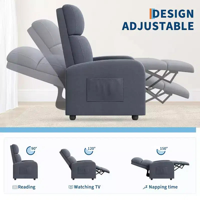 Fauteuil inclinable pour adultes, canapé simple réglable, avec poche latérale, dossier haut, accoudoirs larges et siège rembourré, pour salon