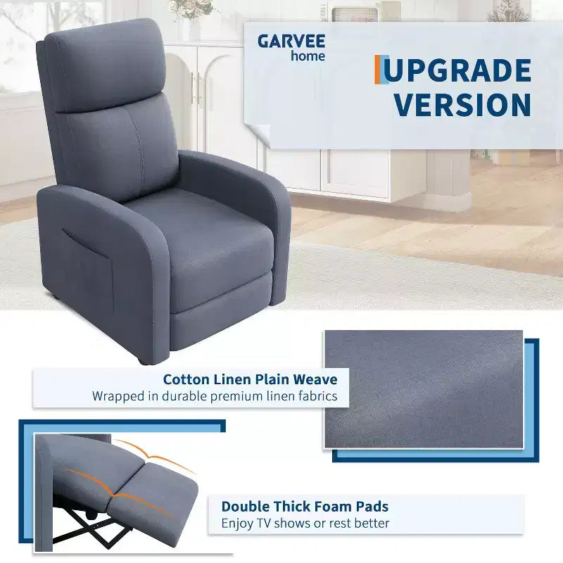 Fauteuil inclinable pour adultes, canapé simple réglable, avec poche latérale, dossier haut, accoudoirs larges et siège rembourré, pour salon