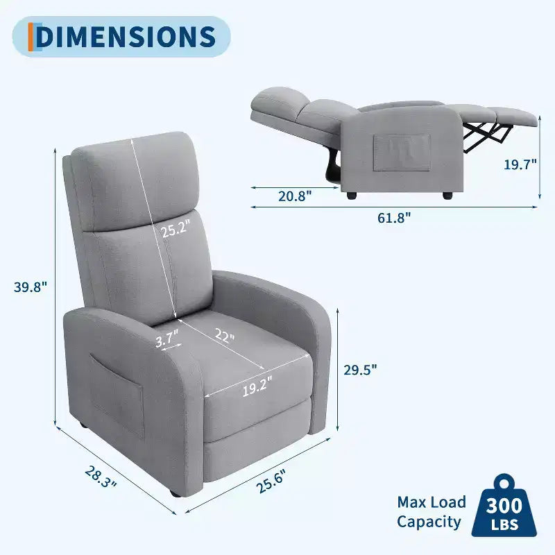 Fauteuil inclinable pour adultes, canapé simple réglable, avec poche latérale, dossier haut, accoudoirs larges et siège rembourré, pour salon