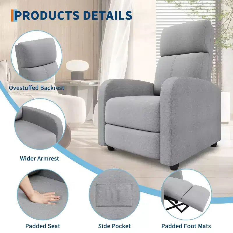 Fauteuil inclinable pour adultes, canapé simple réglable, avec poche latérale, dossier haut, accoudoirs larges et siège rembourré, pour salon