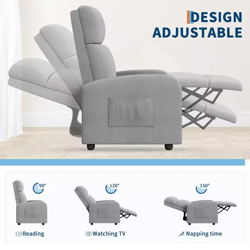Fauteuil inclinable pour adultes, canapé simple réglable, avec poche latérale, dossier haut, accoudoirs larges et siège rembourré, pour salon