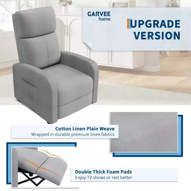Fauteuil inclinable pour adultes, canapé simple réglable, avec poche latérale, dossier haut, accoudoirs larges et siège rembourré, pour salon