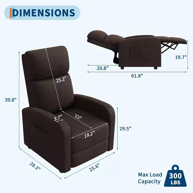 Fauteuil inclinable pour adultes, canapé simple réglable, avec poche latérale, dossier haut, accoudoirs larges et siège rembourré, pour salon