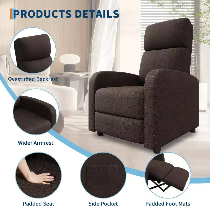 Fauteuil inclinable pour adultes, canapé simple réglable, avec poche latérale, dossier haut, accoudoirs larges et siège rembourré, pour salon