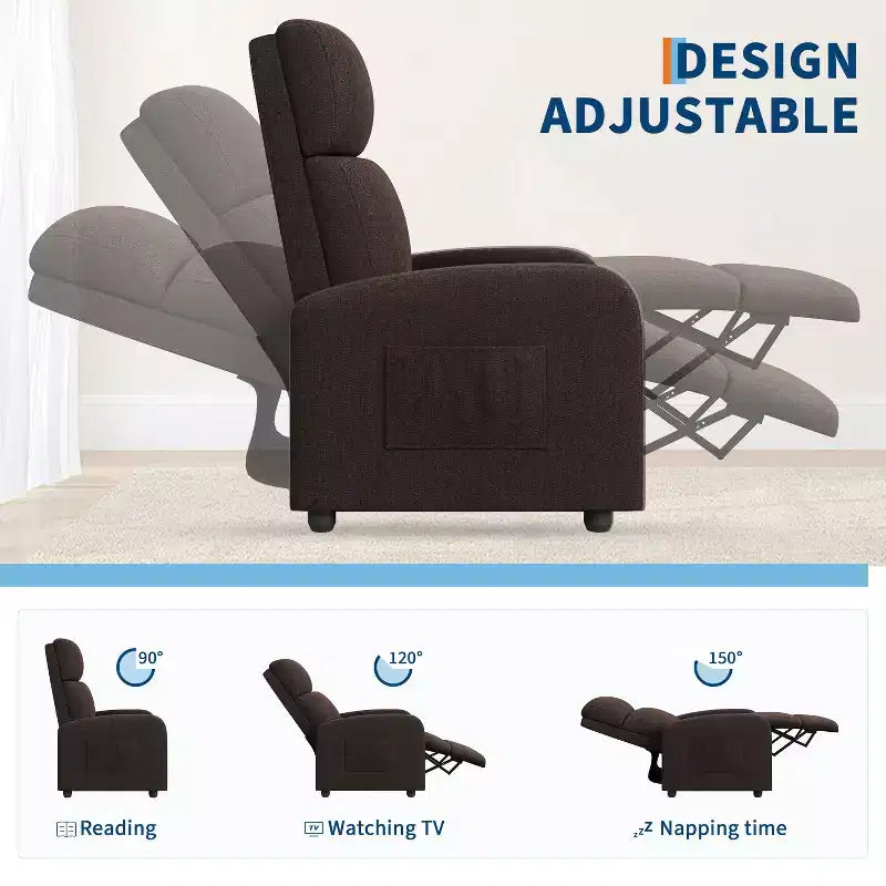 Fauteuil inclinable pour adultes, canapé simple réglable, avec poche latérale, dossier haut, accoudoirs larges et siège rembourré, pour salon