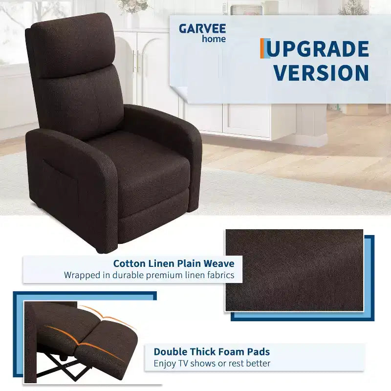Fauteuil inclinable pour adultes, canapé simple réglable, avec poche latérale, dossier haut, accoudoirs larges et siège rembourré, pour salon