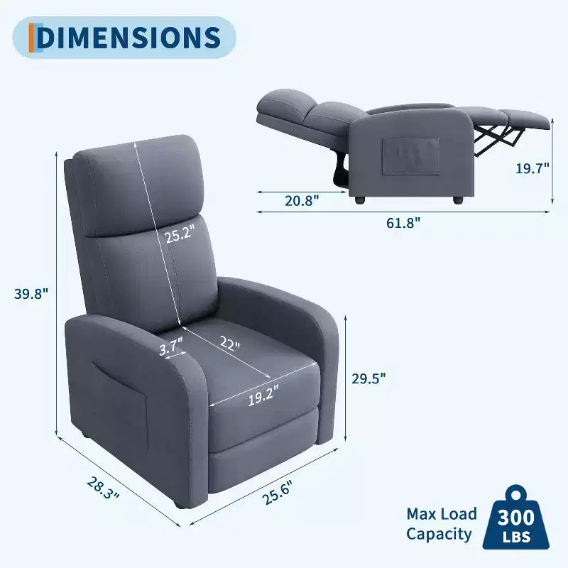 Fauteuil inclinable pour adultes, canapé simple réglable, avec poche latérale, dossier haut, accoudoirs larges et siège rembourré, pour salon