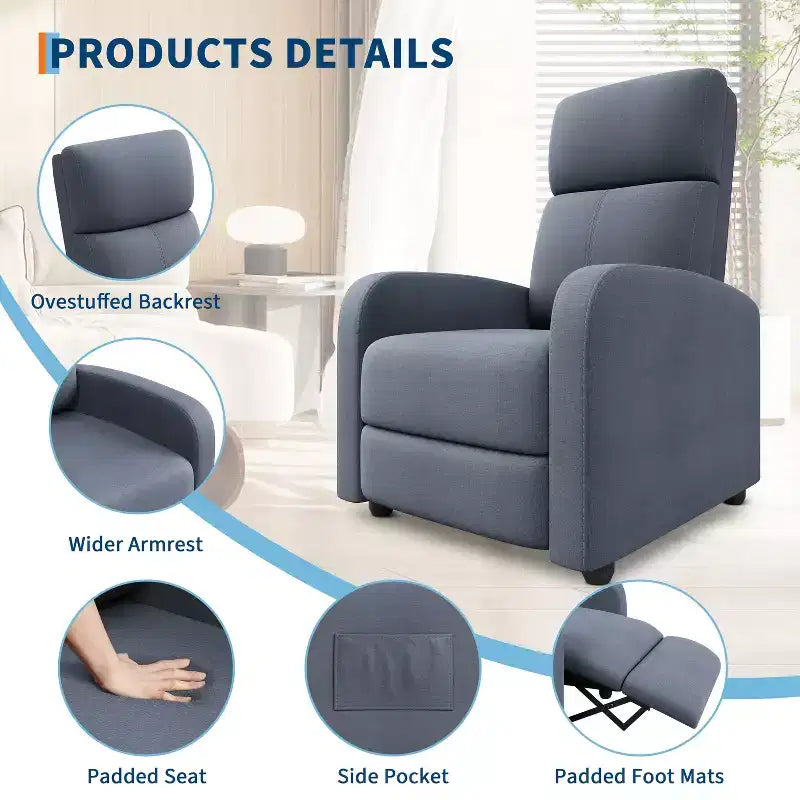Fauteuil inclinable pour adultes, canapé simple réglable, avec poche latérale, dossier haut, accoudoirs larges et siège rembourré, pour salon