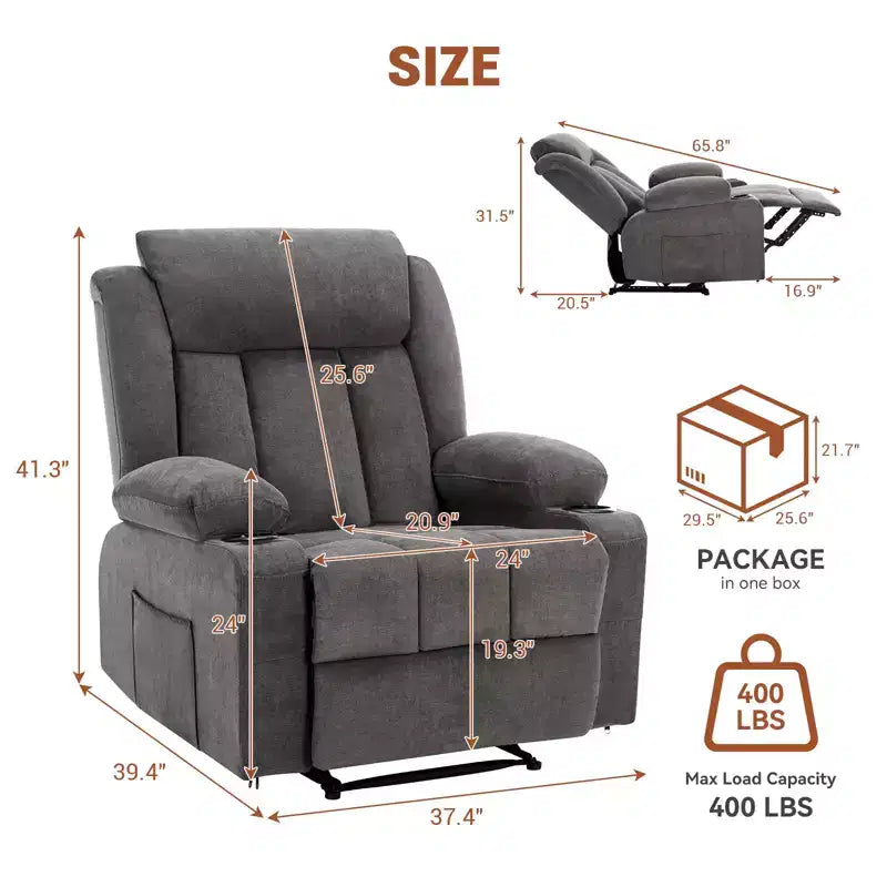 Fauteuil inclinable surdimensionné, Fauteuil inclinable manuel avec vibration de massage et fonction chauffante, Chauffage lombaire, Canapé profond rembourré confortable pour le salon