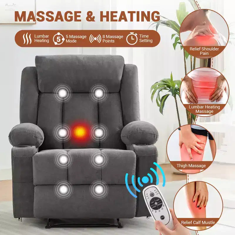 Fauteuil inclinable surdimensionné, Fauteuil inclinable manuel avec vibration de massage et fonction chauffante, Chauffage lombaire, Canapé profond rembourré confortable pour le salon