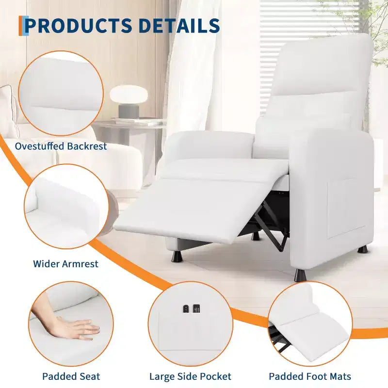Fauteuil inclinable releveur électrique, Canapé individuel en cuir PU surdimensionné avec haut dossier et 2 poches latérales, Siège de cinéma maison réglable pour salon