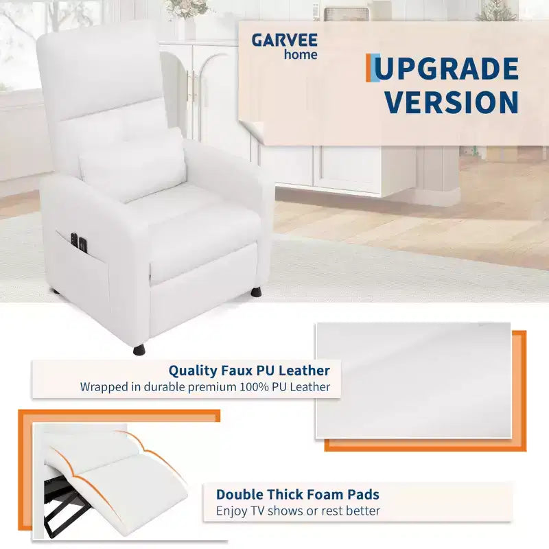 Fauteuil inclinable releveur électrique, Canapé individuel en cuir PU surdimensionné avec haut dossier et 2 poches latérales, Siège de cinéma maison réglable pour salon