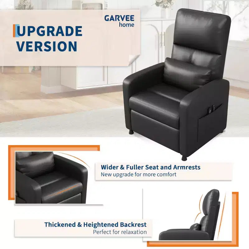 Fauteuil inclinable releveur électrique, Canapé individuel en cuir PU surdimensionné avec haut dossier et 2 poches latérales, Siège de cinéma maison réglable pour salon