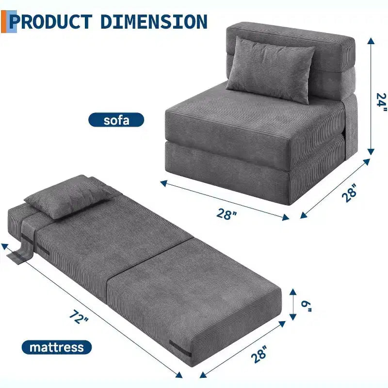 Fauteuil convertible en canapé-lit pliant, futon avec oreiller, matelas pliable une place pour salon, dortoir, appartement et bureau à domicile