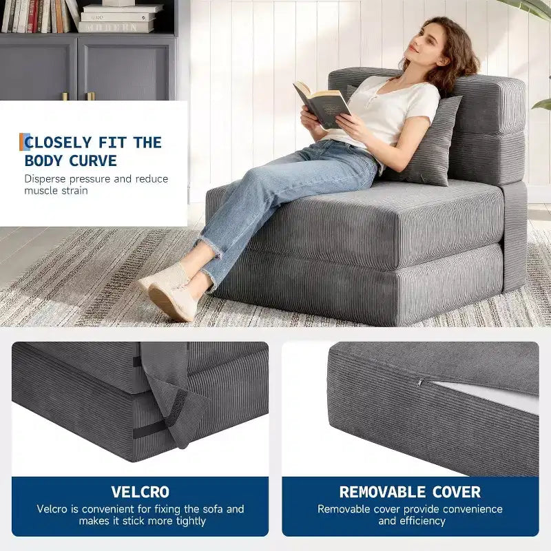 Fauteuil convertible en canapé-lit pliant, futon avec oreiller, matelas pliable une place pour salon, dortoir, appartement et bureau à domicile